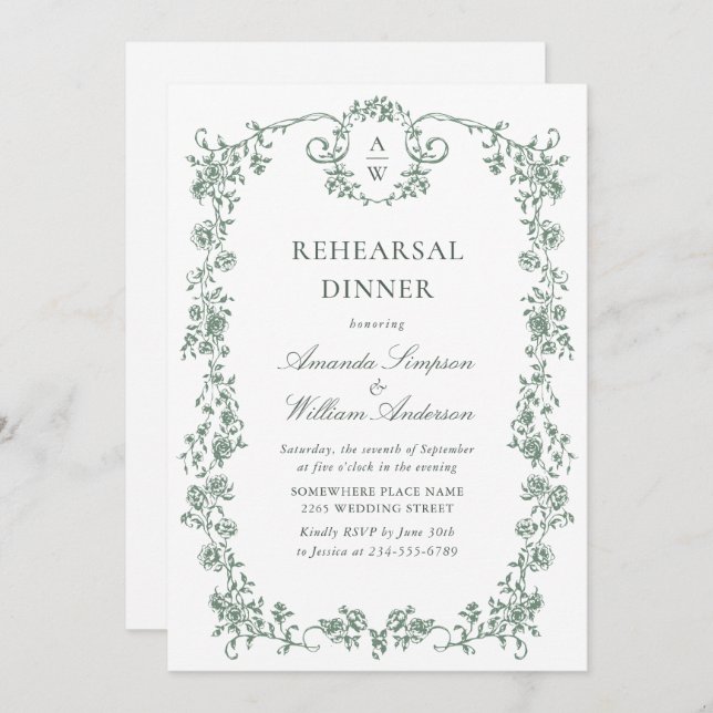 Convites Janto de Ensaios Verdes do Ornamentado Vitoriano G (Frente/Verso)