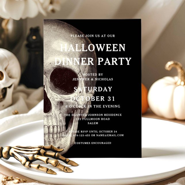 Convites Janto de Halloween, Adulto Adulto Assustador Negro (Black Scary Skull Adult Halloween Dinner Party Invitation)
