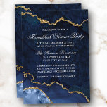 Convites Janto de Hanukkah do Dourado Marble da Watercolor<br><div class="desc">Placa de Convite de festas de Janto de Geodo Hanukkah,  Dourado e Elegante moderno,  azul de inverno,  azul e goma-mármore azul</div>