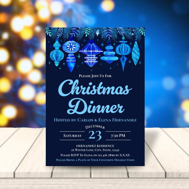 Convites Janto de Natal Baubles Marinho de Água Azul (Baubles Christmas Dinner Watercolor Navy Blue Invitation)