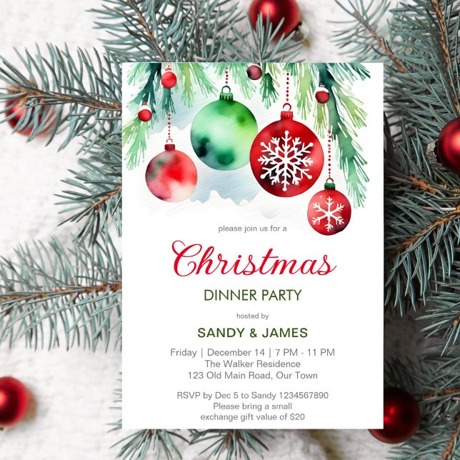 Convites Janto de Natal - Bebidas verdes vermelhas (Christmas dinner party template invitation digital download classical red and green baubles pines)