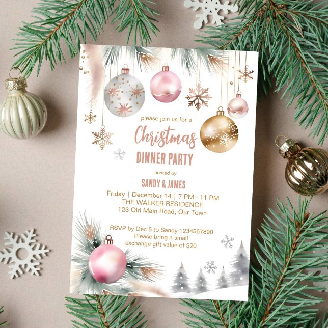 Convites Janto de Natal - Boho Metal Watercolor (Boho Christmas dinner party template invitation metallic rose gold silver snowy pines modern waterco)