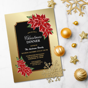 Convites Janto de Natal de Poinsettia Dourado Bordo Negro