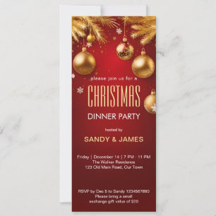 Convites Janto de Natal dourado e borbulhas vermelhas