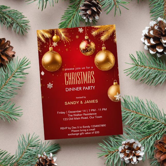 Convites Janto de Natal dourado e borbulhas vermelhas (Christmas dinner party template invitation digital download red and gold chic elegant Christmas card)