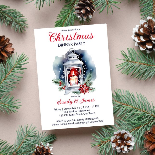 Convites Janto de Natal, lanterna poinsettia (Christmas dinner party classical template invitation Christmas lantern candle poinsettia snowflakes )