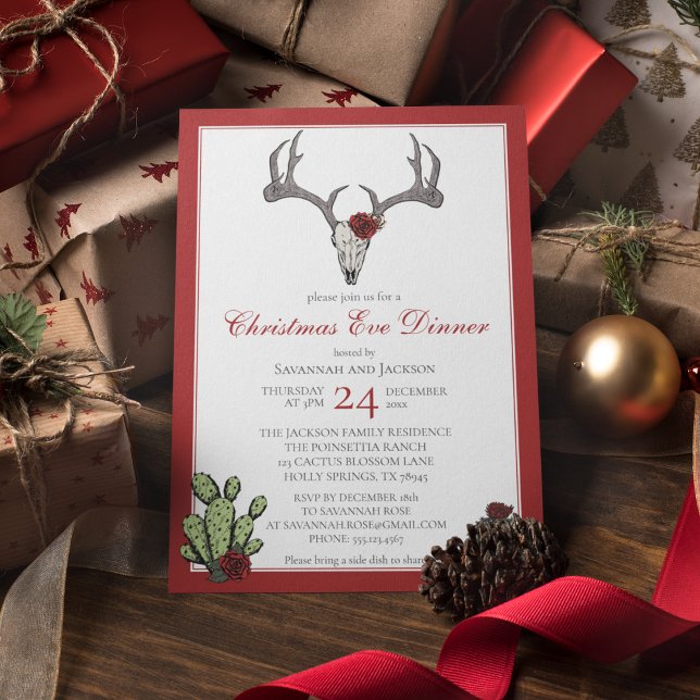 Convites Janto de Natal Ocidental Reindeer Antlers & Cactus (Western Christmas Eve Dinner Party Invites. Hand-Drawn Reindeer Skull, Antlers, RedRoses & Cacti.)