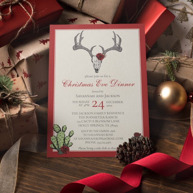 Convites Janto de Natal Ocidental Reindeer Antlers & Cactus (Western Christmas Eve Dinner Party Invites. Hand-Drawn Reindeer Skull, Antlers, RedRoses & Cacti.)