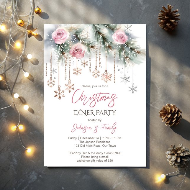 Convites Janto de Natal, pastel rosa, ouro rosa (Christmas dinner party pastel pink rose gold invitation template snowflakes pines Christmas party)