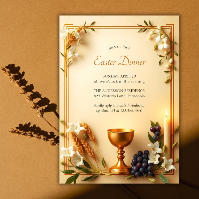 Convites Janto de Páscoas Católica Tradicional do Dourado C (Traditional Christian Easter Dinner Invitation with Elegant Religious Design)