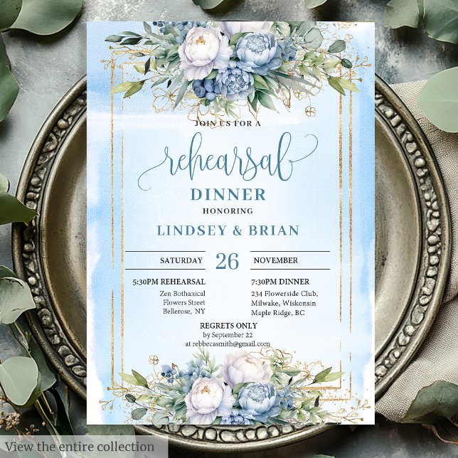 Convites Janto de Quadro Dourado Floral Azul Simples Dusty  (Simple Dusty Blue Floral Gold Frame Dinner Invite)