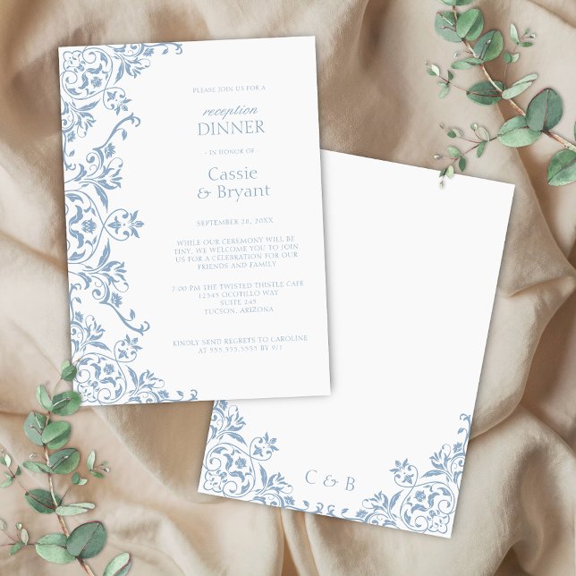 Convites Janto de Recepção de casamento branca e azul chic (elegant blue and white formal reception dinner invitation with floral border for regency era theme)