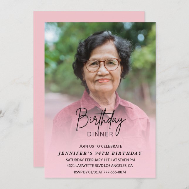 Convites Janto de sombra rosa elegante Foto 94 anos (Frente/Verso)