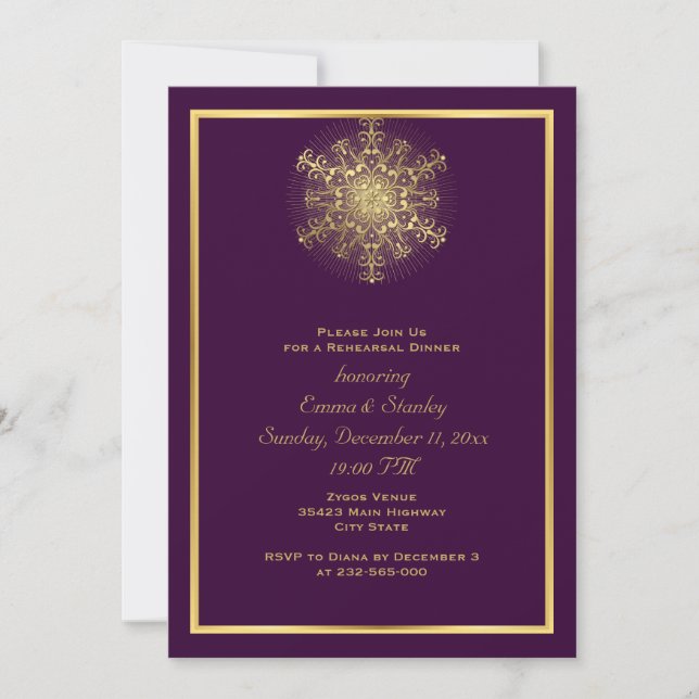 Convites janto Dourado de ensaio de casamento roxo com floc (Frente)