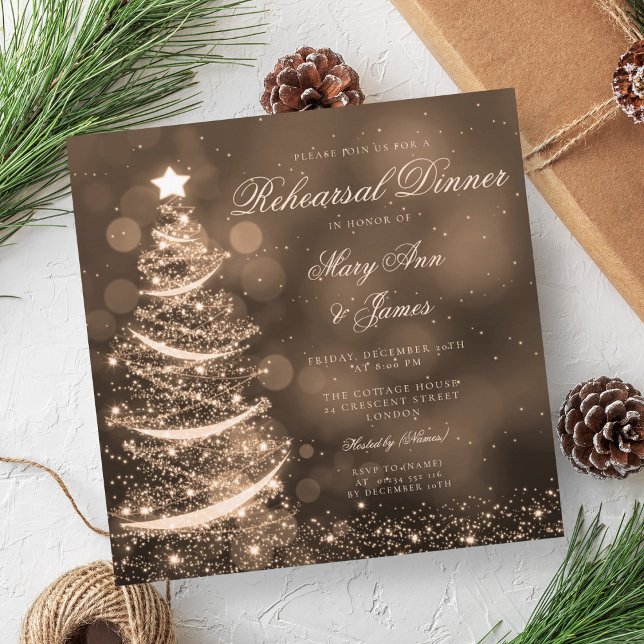 Convites Janto Dourado de ensaio de Natal Elegante (Elegant Gold Christmas Rehearsal Dinner Invitation)