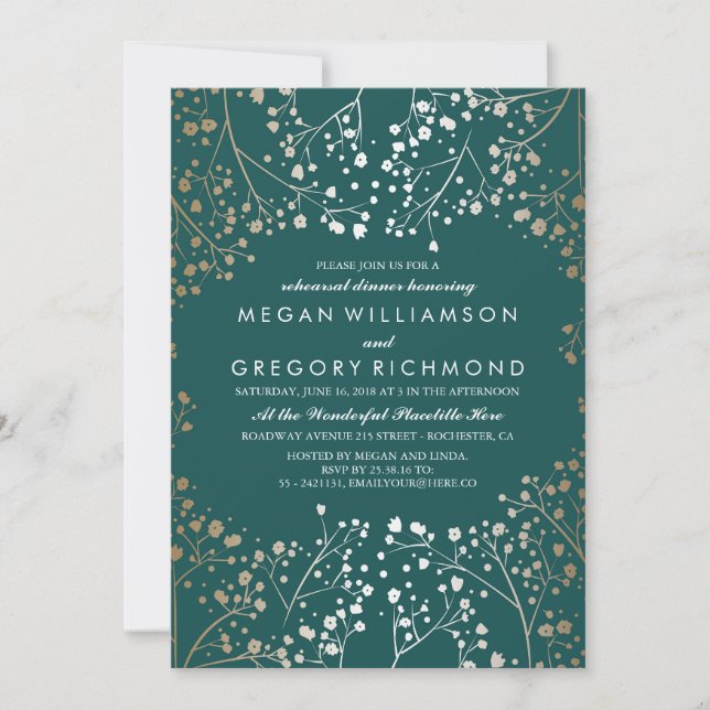 Convites Janto Dourado e Teal Baby's Breath (Frente)