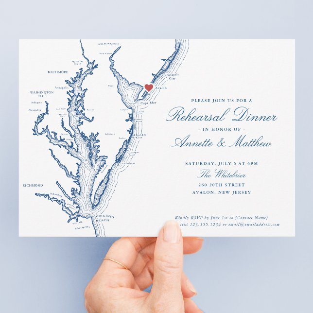 Convites Janto Elegante de Ensaio de Casamentos Avalon NJ (Elegant Avalon New Jersey Wedding Rehearsal Dinner invitation with navy blue Jersey Shore map)