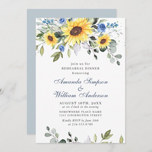 Convites Janto Elegante Girassóis Eucalyptus REHEARSAL (Frente/Verso)