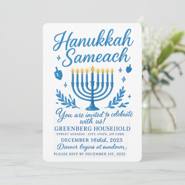 Convites Janto Elegante Hanukkah Sameach (Em pé/Frente)