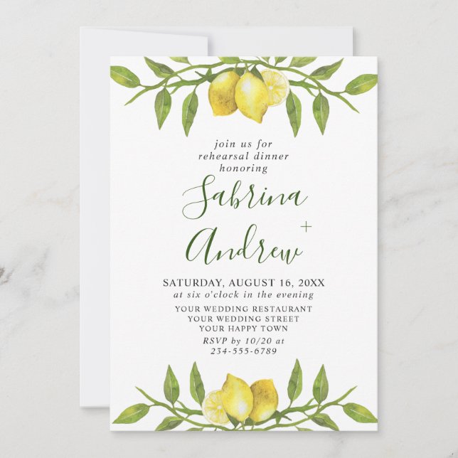 Convites Janto Elegante Lemon Watercolor Greenery REHEARSAL (Frente)