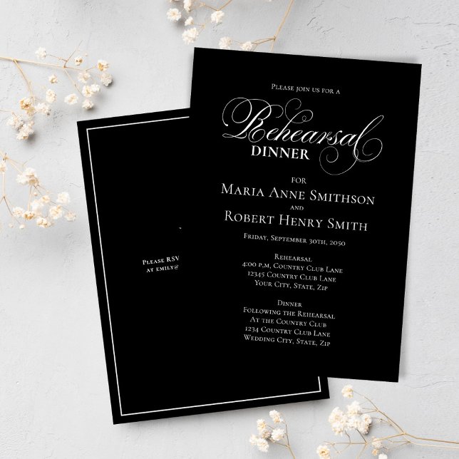 Convites Janto Elegante Negro e Branco (Black and white calligraphy script rehearsal dinner invitation.)