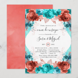 Convites Janto Espanhol de Ensaios Florais em Turquesa e Co