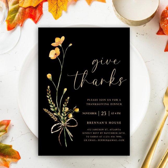 Convites Janto Fall Black Floral, Ação de Graças (Black Wildflower Thanksgiving Dinner Invitation)