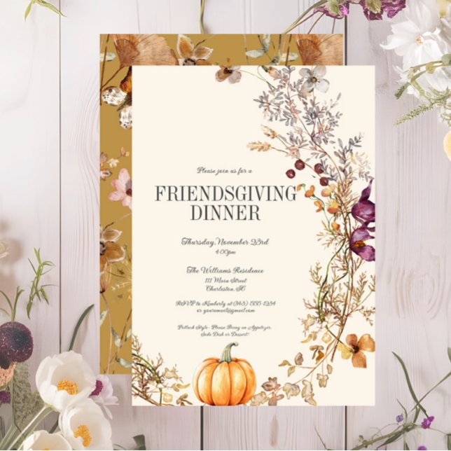 Convites Janto Fall Floral Pumpkin Amizade (Fall Floral Friendsgiving Dinner Invitation, Pumpkin Thanksgiving Invite, Wildflowers)