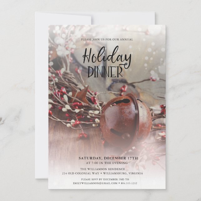 Convites Janto Feriado Rusty Bells Holly Berries (Frente)