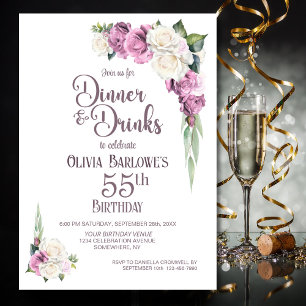 Convites Janto Floral Branco rosa e Bebidas 55.o Aniversári