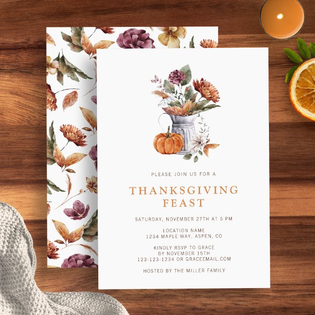 Convites Janto Floral de Ação de Graças (Autumn floral Thanksgiving dinner Invitation rustic pumpkin autumn floral by Painted Paperie
)