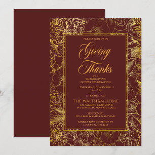 Convites Janto Floral de Ação de Graças Vintage Dourado