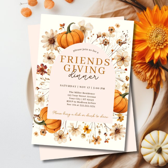 Convites Janto Floral de Amizade de Abóbora (Fall Pumpkin Friendsgiving Dinner Invitation
)