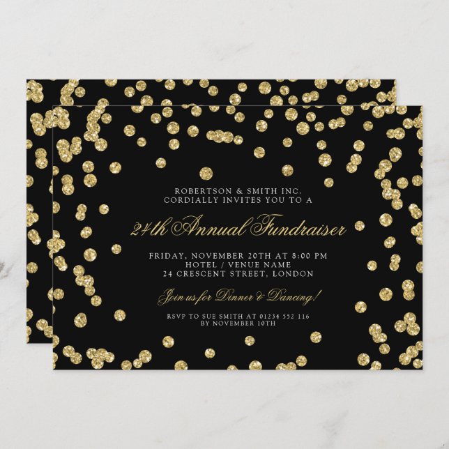 Convites Janto Fundraiser Corporativo Dourado Confetti Blac (Frente/Verso)