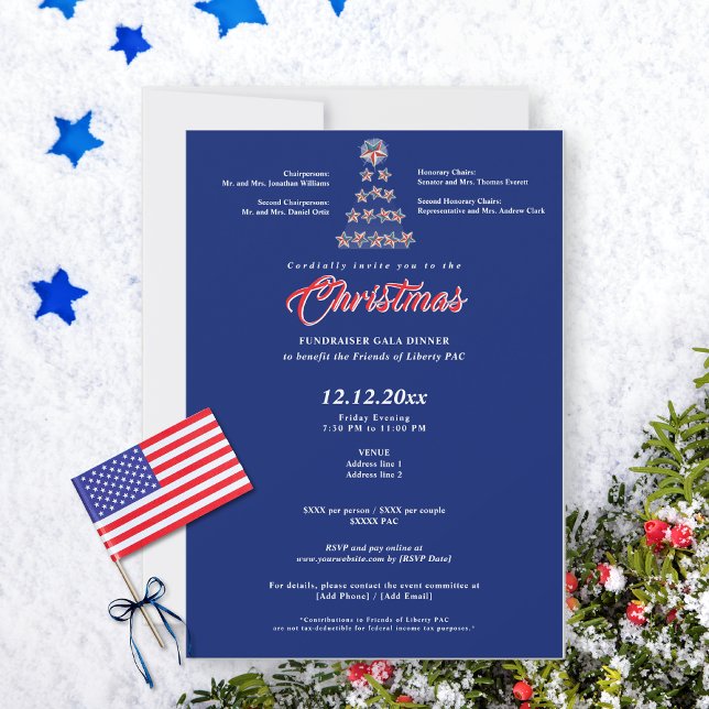 Convites Janto Gala, dador de fundos político do Natal Azul (Blue Christmas political fundraiser gala invitation on snowy background with star tree)
