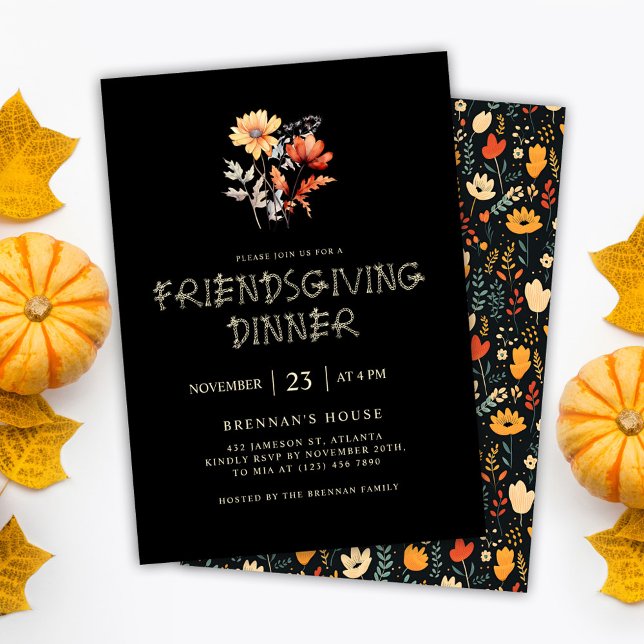 Convites Janto Moderno de Ação de Graças e Amizade Elegante (Black Elegant Friendsgiving Dinner Invitation)