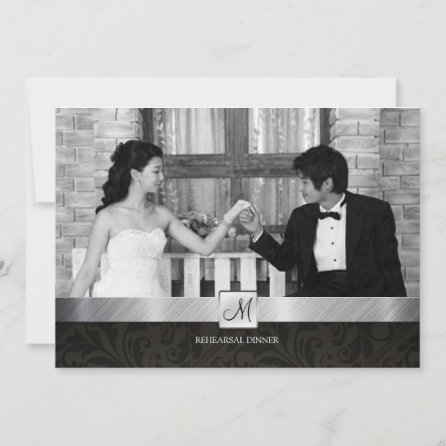 Convites Janto Moderno de Ensaio Black Damask and Silver (Frente)