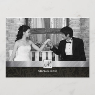 Convites Janto Moderno de Ensaio Black Damask and Silver