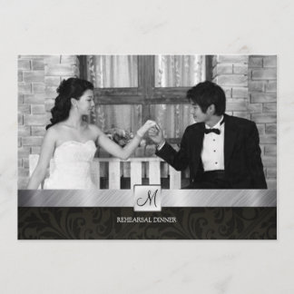 Convites Janto Moderno de Ensaio Black Damask and Silver