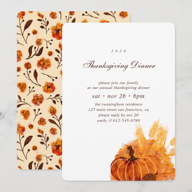 Convites Janto Moderno de Pumpkin Flor  de Ação de Graças (Frente/Verso)