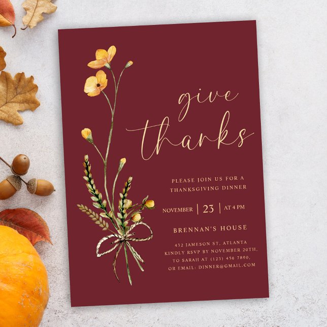 Convites Janto Moderno Elegante de Ação de Graças (Burgundy Elegant Wildflower Thanksgiving Dinner Invitation)