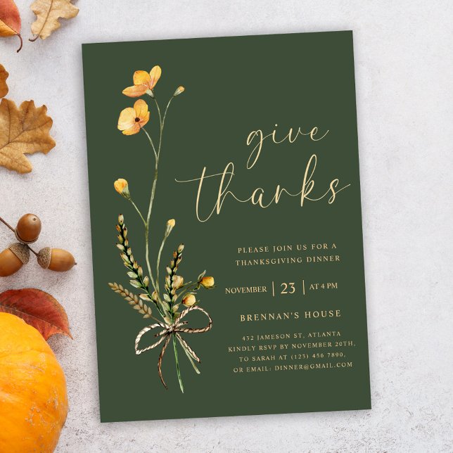 Convites Janto Moderno Elegante de Ação de Graças Verde (Elegant Wildflower Green Thanksgiving Dinner Invitation)