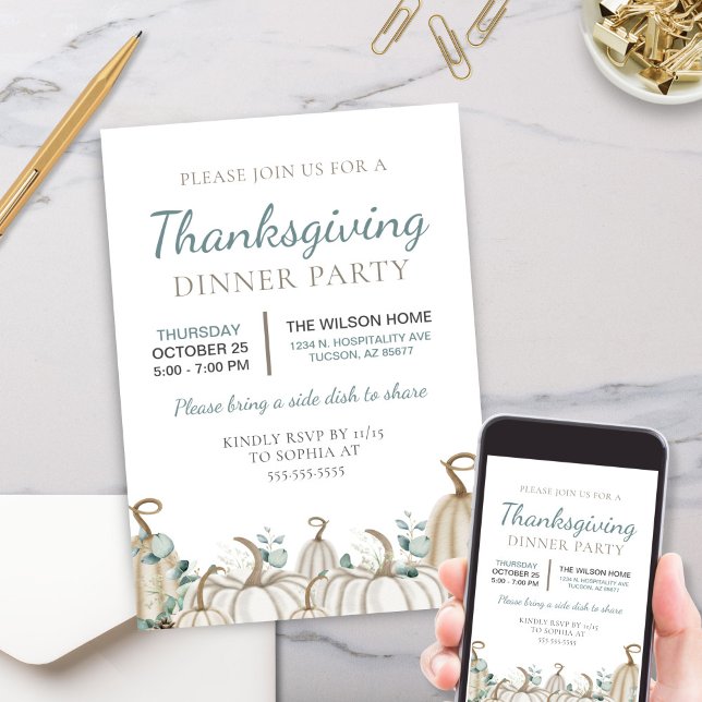 Convites Janto Neutro Elegante de Outono Queda Ação de Graç (Neutral White Pumpkins Fall Autumn Thanksgiving Dinner Party Invitations with Cream Beige Greenery)