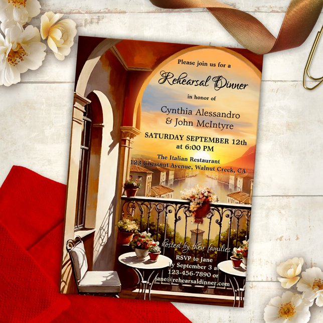 Convites Janto Romântico italiano de Ensaio de Casamentos (A romantic Rehearsal Dinner invitation featuring a fine art painting of an Italian balcony at sunset)