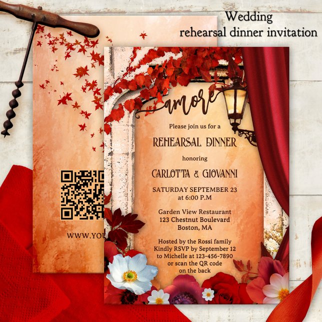 Convites Janto Romântico italiano de Ensaio de Queda Floral (Rehearsal dinner invitation showing a colorful design with fall leaves and red Italian flowers)