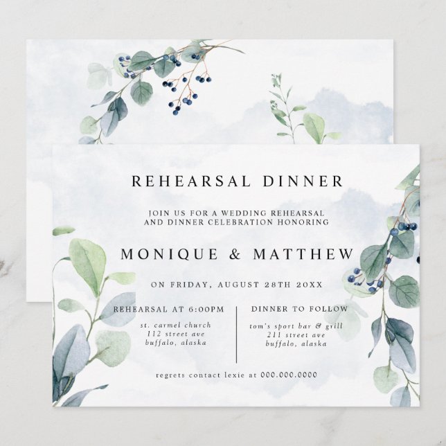 Convites Janto Russo de Ensaio Eucalipto Azul Dusty (Frente/Verso)