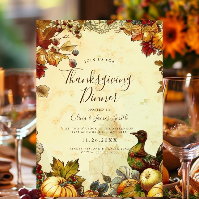 Convites Janto Rustic de Ação de Graças (GPT
An autumn-themed Thanksgiving invite with elegant script, pumpkins, and fall leaves.)