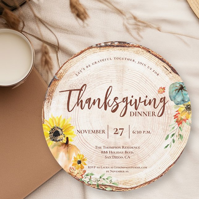 Convites Janto Rustic de Ação de Graças Pumpkin Wood Autumn (Custom Thanksgiving dinner watercolor pumpkin autumn leaves invitation.)
