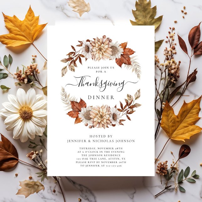 Convites Janto Rustic Fall Floral Thankmaking (Rustic Fall Floral Thanksgiving Dinner Invitation)