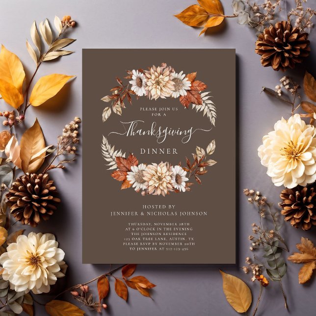 Convites Janto Rustic Fall Floral Thankmaking (Rustic Brown Fall Floral Thanksgiving Dinner Invitation)